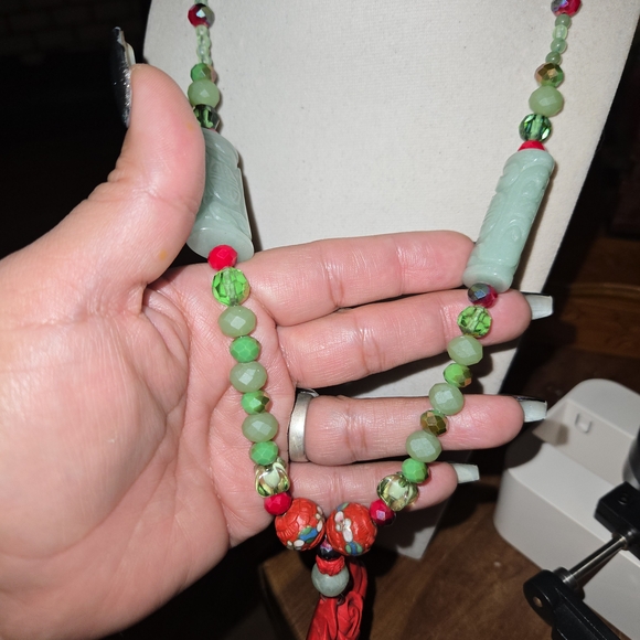 Artisan Jade & Carved Red Rose Cinnabar Crystal Necklace - Picture 4 of 11